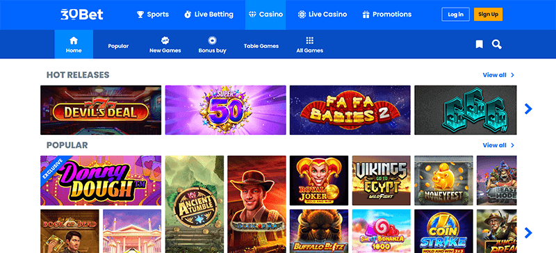 30Bet Casino Homepage