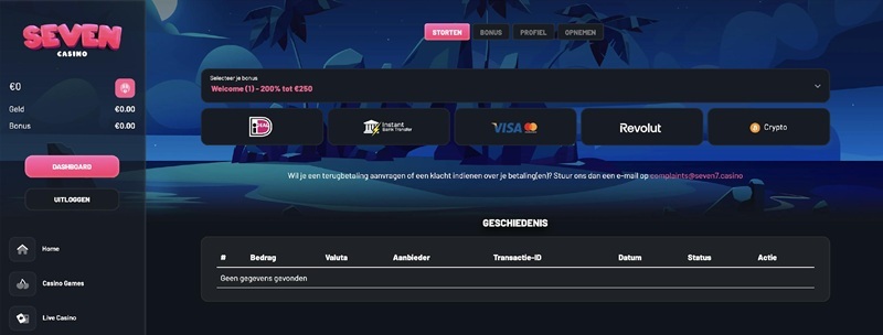 Betalen en opnemen bij Seven Casino