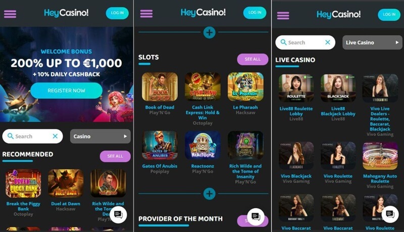Hey Casino app en mobiel