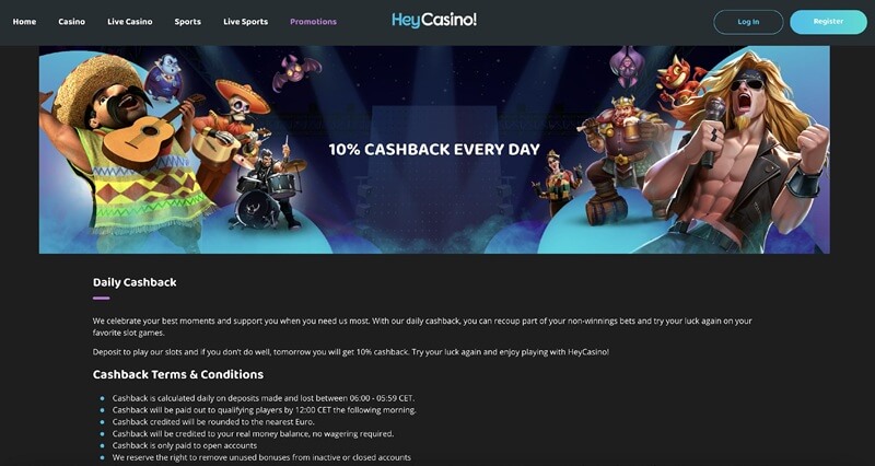 Hey casino Dagelijkse cashback