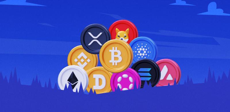 Illustratie van verschillende cryptomunten
