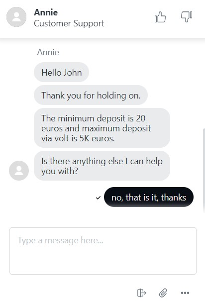 Screenshot van een chat met de klantenservice van Nolimitbet