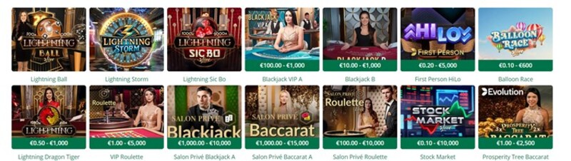 Verschillende spellen van Evolution Gaming bij Qbet